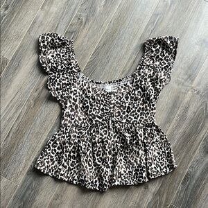 JAPNA Cheetah Print Peplum Blouse with Ruffled Cap Sleeves